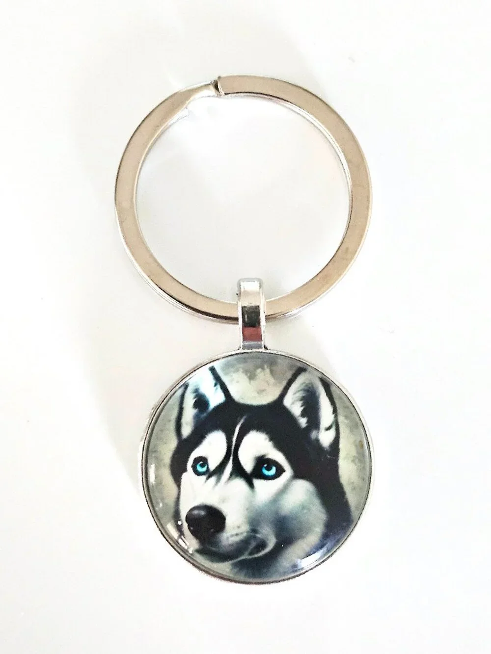 Husky Glass Cabochon Keychain, Siberian Blue Eyes, Unisex, Dog Lover Gift
